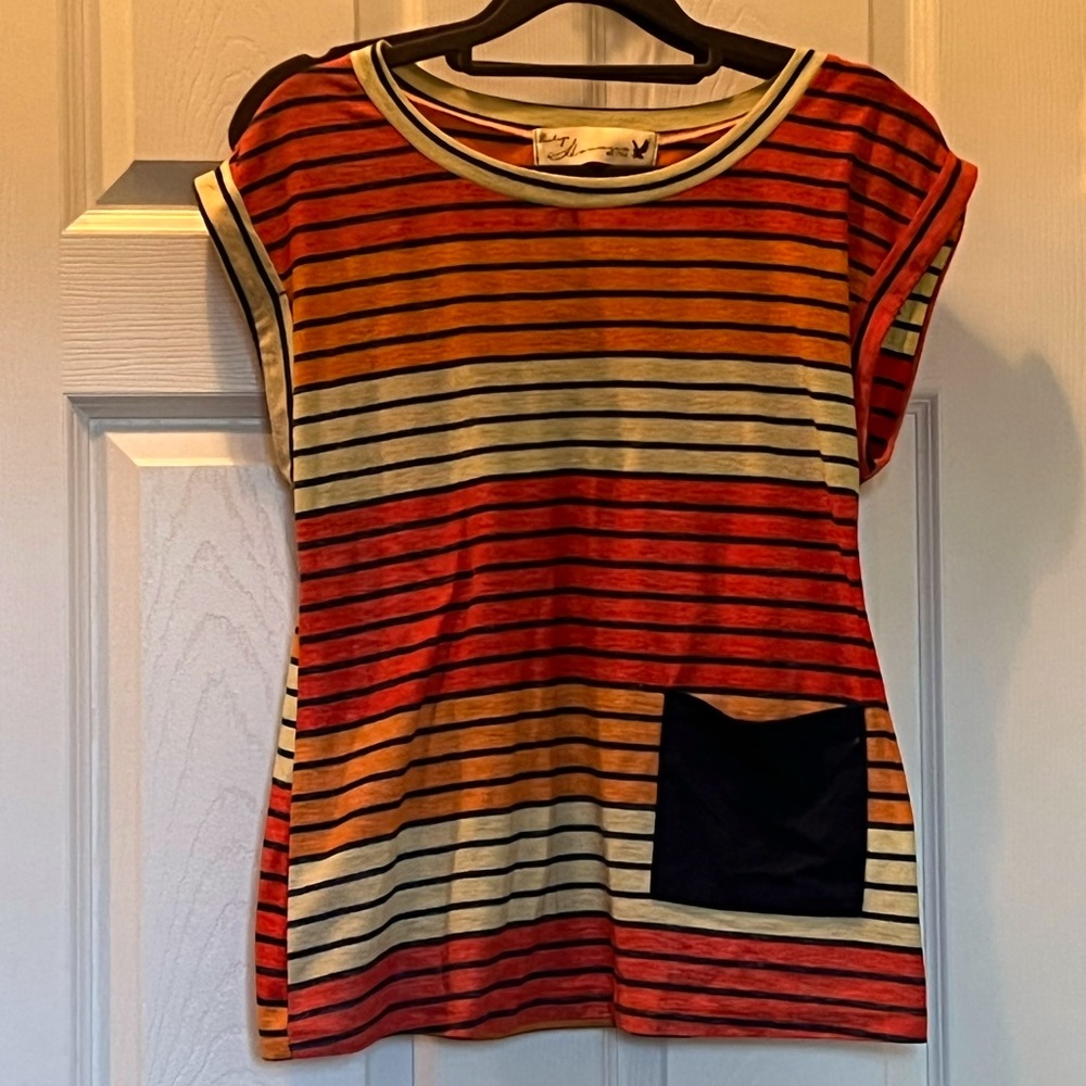Vintage Havana stripe tee. Used. Medium with navy pocket. Red yellow blue